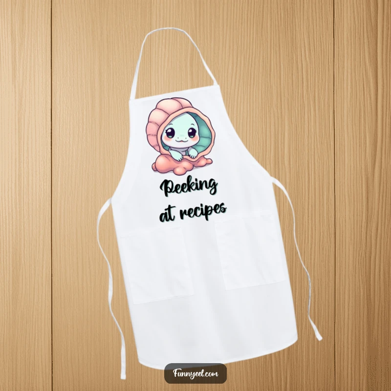 Funny Kawaii Eel Apron showing a curious eel peeking from behind a seashell, perfect for adding a hint of mystery to kitchen tasks.