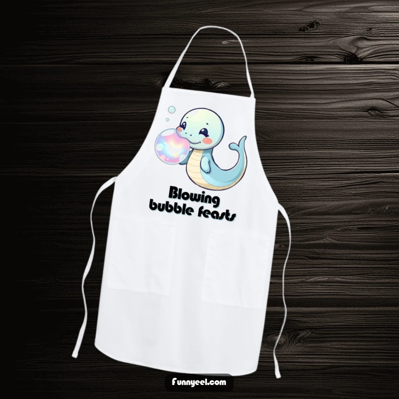 Funny Kawaii Eel Apron showing a playful eel blowing a giant, iridescent bubble ring, perfect for adding fun to any kitchen task.
