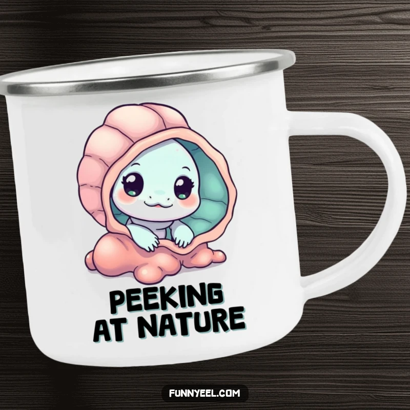 Funny Kawaii Eel Camping Mug featuring a curious eel peeking from behind a seashell, perfect for bringing mystery to any outdoor trip.