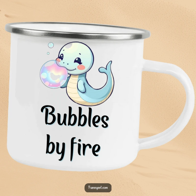 Funny Kawaii Eel Camping Mug featuring a playful eel blowing a large bubble ring, perfect for bringing whimsical fun to any outdoor trip.