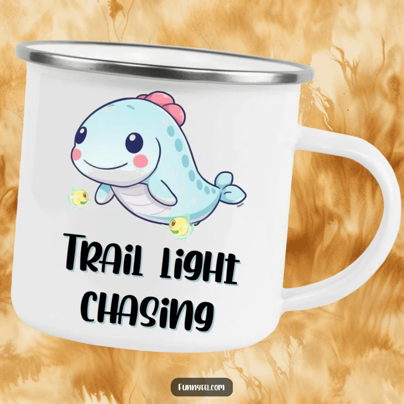 Funny Kawaii Eel Camping Mug: An energetic eel chases a glowing plankton with playful swirls, ideal for outdoor coffee breaks.