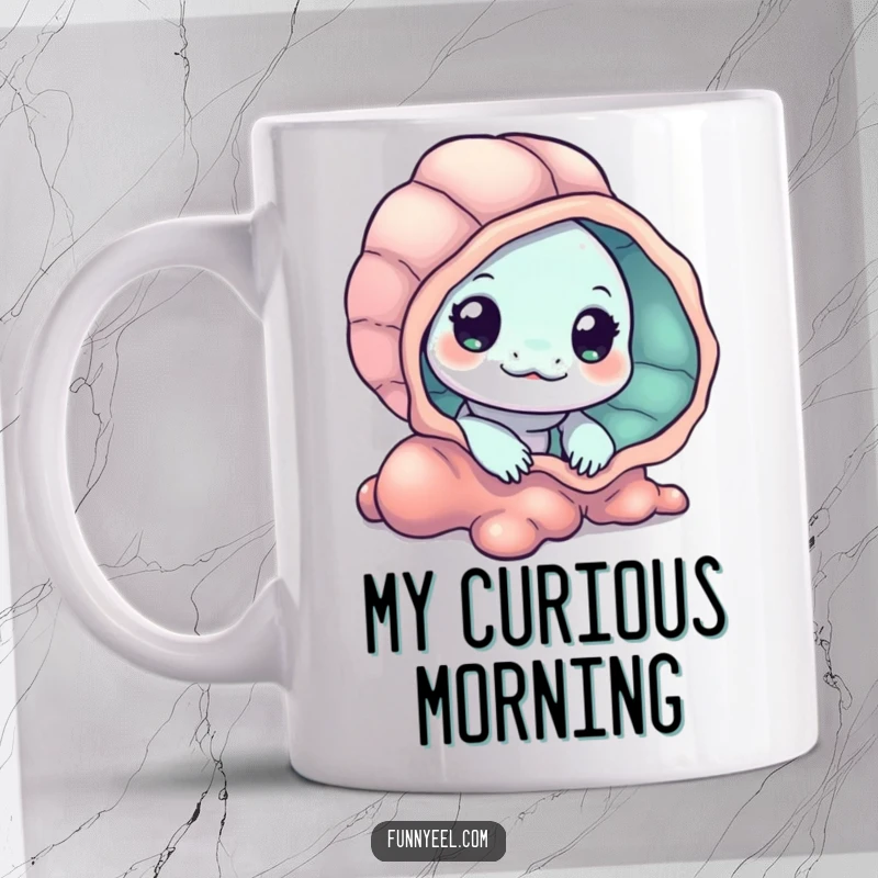 Funny Kawaii Eel Mug featuring a curious eel peeking from behind a vibrant seashell, its gaze full of wonder and playful innocence.