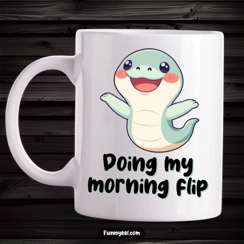 Funny Kawaii Eel Mug: A happy eel performs a comical flip with an enormous grin, showcasing its joyful and energetic personality for a great gift.