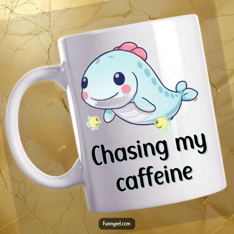 Funny Kawaii Eel Mug: An energetic eel playfully chases a tiny glowing plankton amidst swirling lines, capturing pure excitement and wonder.