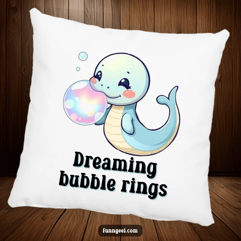 Funny Kawaii Eel Pillow featuring a playful eel blowing a large, iridescent bubble ring, bringing comfort and whimsical charm.