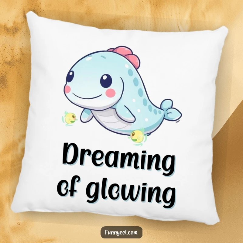 Funny Kawaii Eel Pillow: A playful eel energetically chases a glowing plankton with swirling motion, adding whimsical comfort.