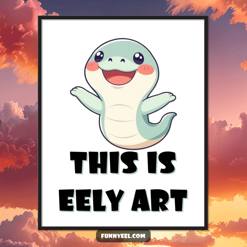 Funny Kawaii Eel Digital Art Print: An eel in a comical flip, beaming with a wide, happy grin, perfect for instant, humorous decor.