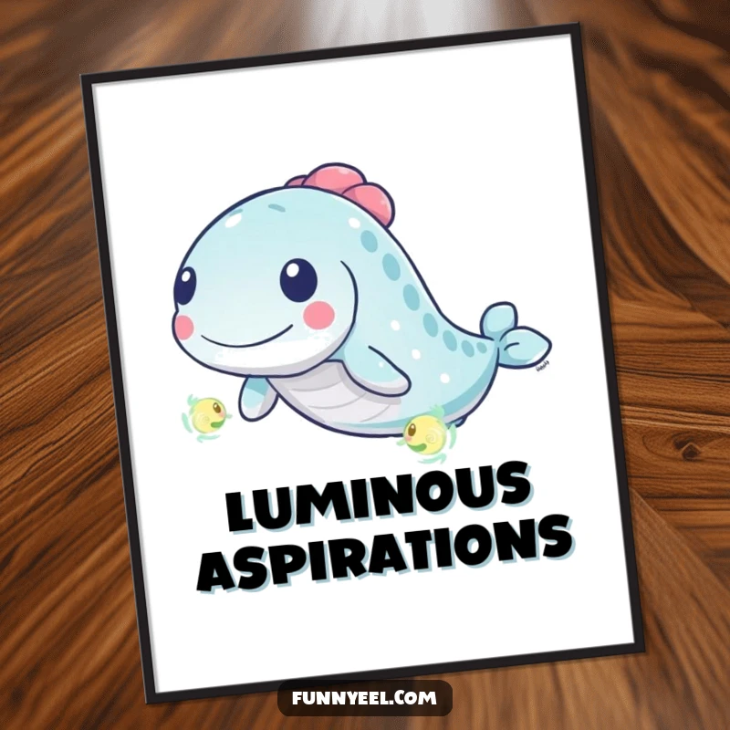 Funny Kawaii Eel Digital Art Print: An energetic eel chases a tiny glowing plankton with dynamic swirls, bringing lively charm to decor.