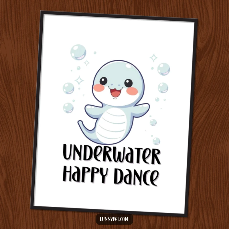 Funny Kawaii Eel Digital Art Print of a joyful eel wiggling through sparkling underwater bubbles, perfect for adding aquatic charm.