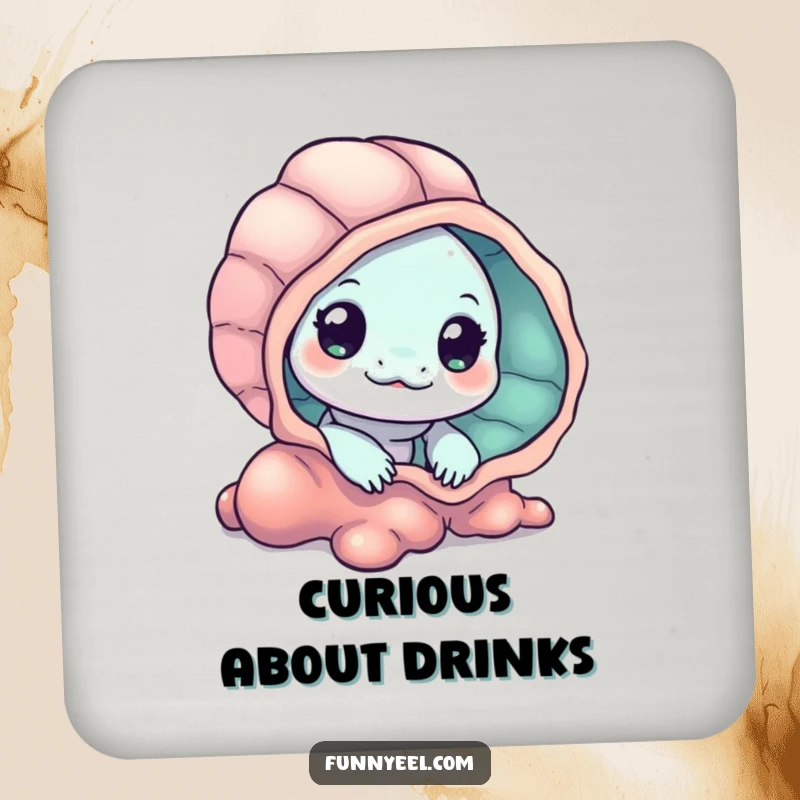 Funny Kawaii Eel Coasters set depicting a curious eel peeking from behind a seashell, adding playful mystery to any table.