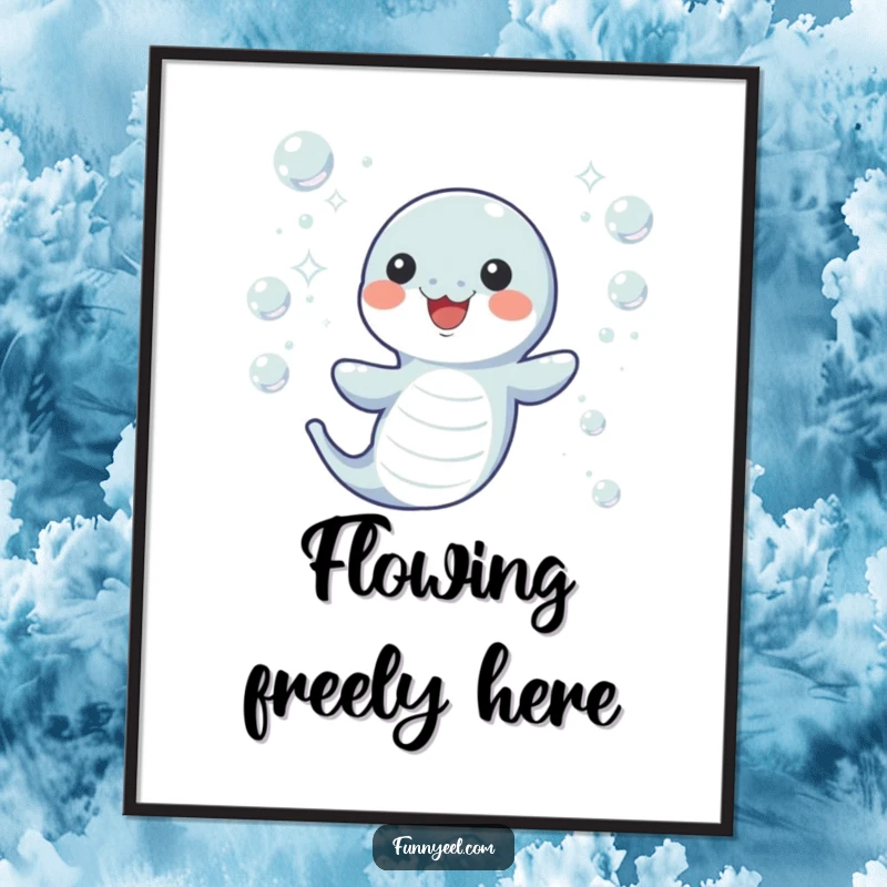 Funny Kawaii Eel Poster depicting a joyful eel wiggling through a dazzling array of sparkling underwater bubbles, bringing ocean vibes.