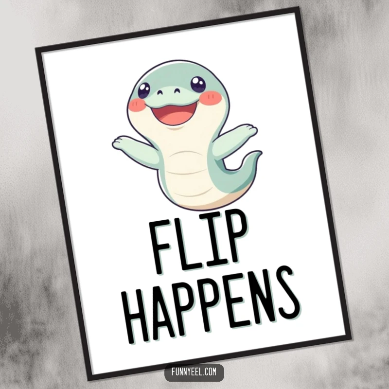 Funny Kawaii Eel Poster: Captures a joyful eel in mid-comical flip, its wide, happy grin radiating pure amusement and playful energy.