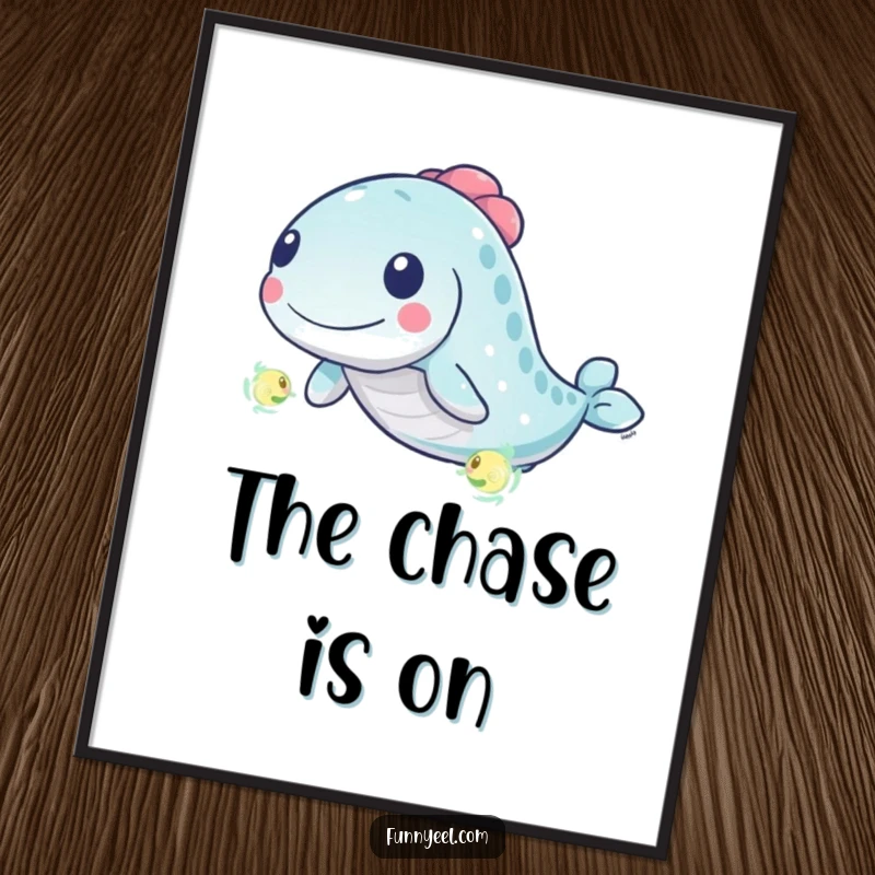 Funny Kawaii Eel Poster: Depicts a kawaii eel chasing a tiny, glowing plankton with energetic swirls, creating a scene of playful pursuit.