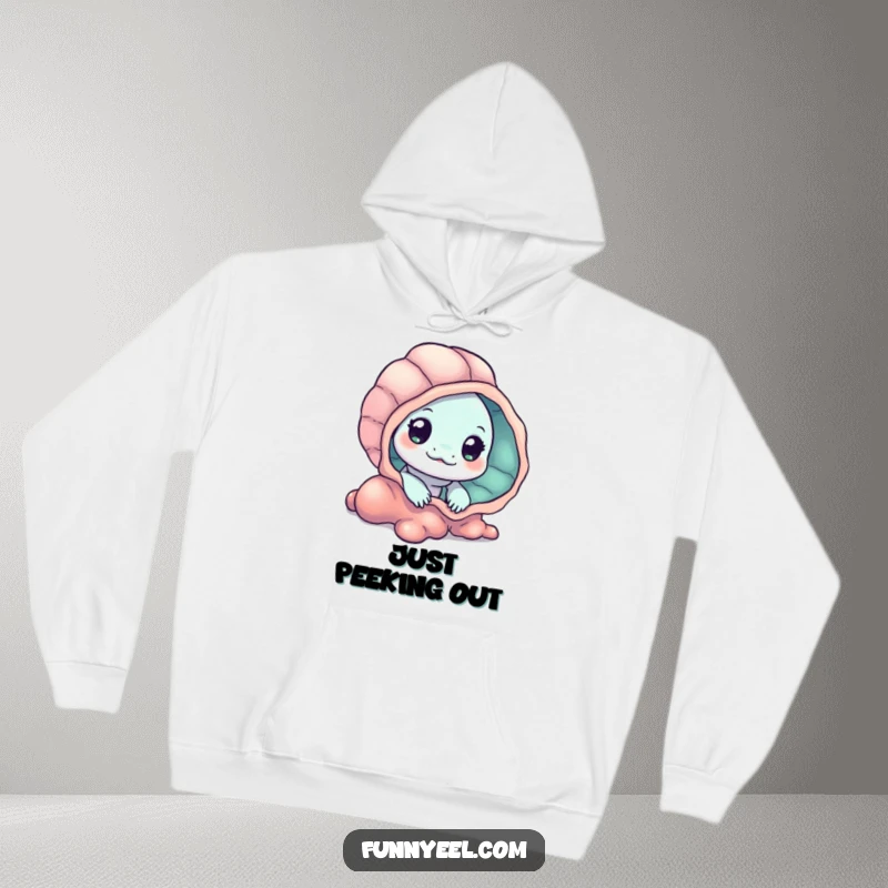 Funny Kawaii Eel Hoodie featuring a curious eel peeking from behind a vibrant seashell, perfect for cozying up with a sense of wonder.
