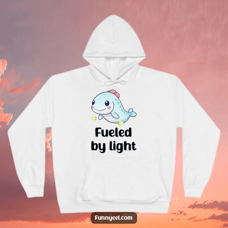 Funny Kawaii Eel Hoodie: Features an energetic kawaii eel chasing a tiny glowing plankton with swirling lines, embodying playful pursuit.