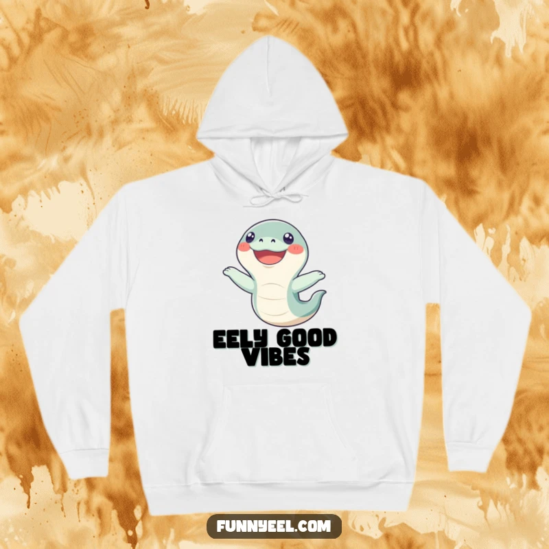 Funny Kawaii Eel Hoodie: A joyful eel performs a funny acrobatic flip with an infectious, wide-eyed happy grin, bringing cheer and warmth.