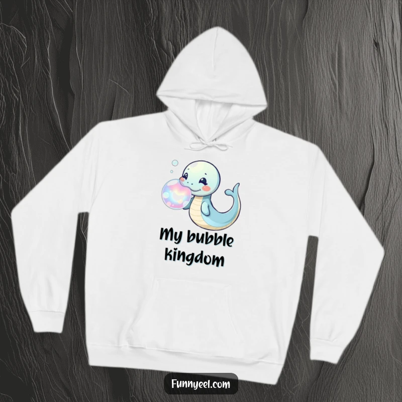 Funny Kawaii Eel Hoodie featuring a playful eel blowing a large, iridescent bubble ring, perfect for cozying up with a smile.