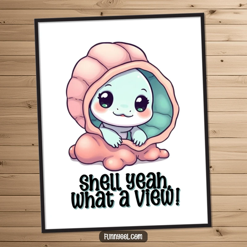 Funny Free Printable Wall Art: A kawaii eel peeking curiously from behind a vibrant seashell, adding a touch of mystery.