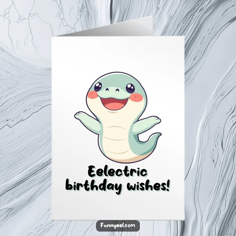 Funny Free Printable Birthday Card: Kawaii eel with a wide grin doing a comical flip, ready to party.