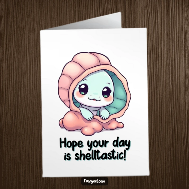 Free Printable Birthday Card: A kawaii eel peeking from behind a seashell with a curious gaze, wishing a happy birthday.