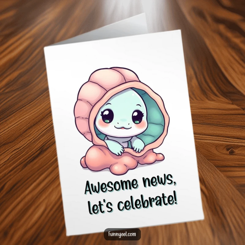 Free Printable Congratulations Card: A kawaii eel curiously peeking from behind a seashell, celebrating an achievement.