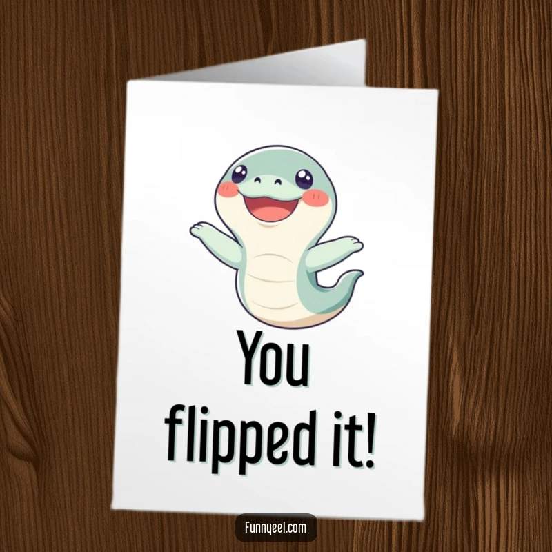 Funny Free Printable Congrats Card: Kawaii eel grinning widely as it performs an excited, comical flip.