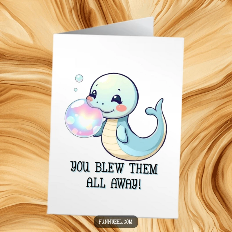 Free Printable Congratulations Card: A kawaii eel blowing a huge iridescent bubble ring, expressing amazement at success.