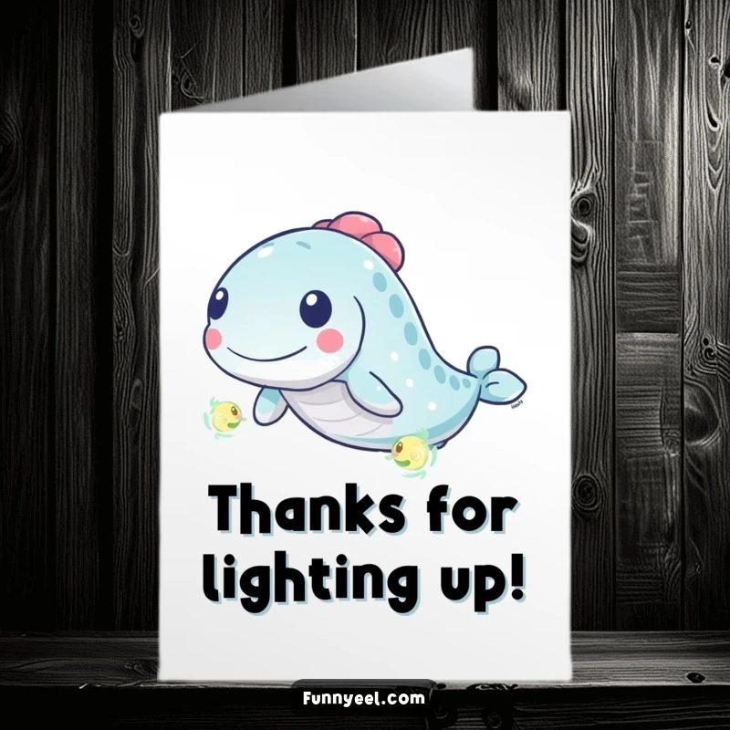 Funny Free Printable Thank You Card: A kawaii eel animated with swirls, chasing a delightful glowing plankton.