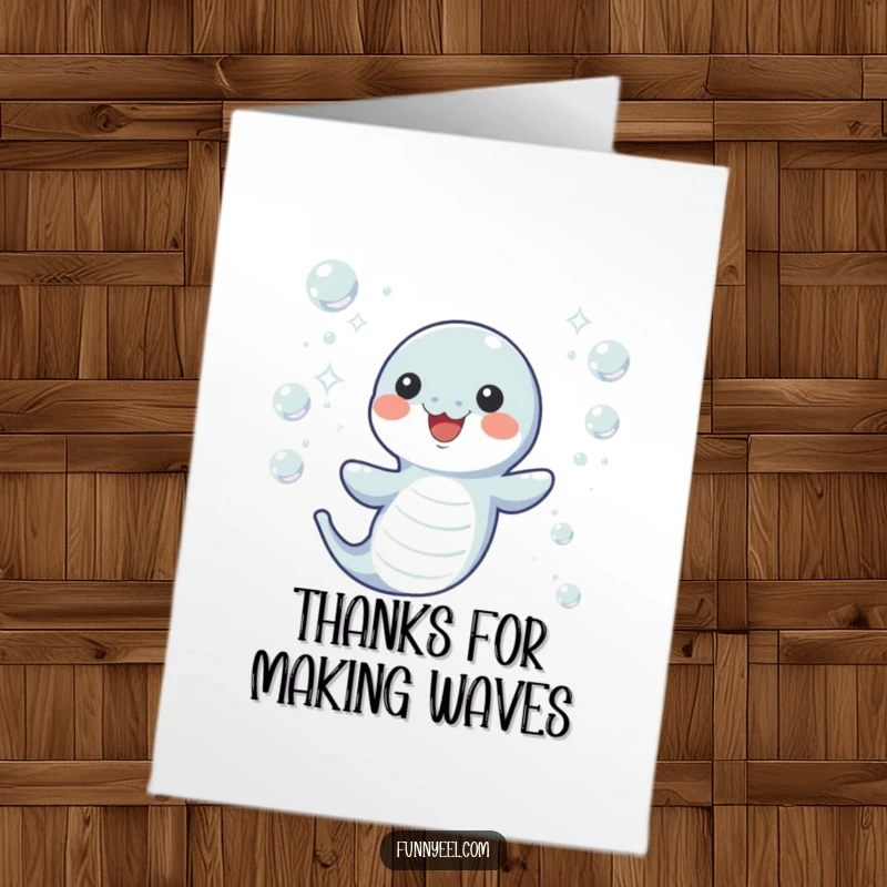 Free Printable Thank You Card: A kawaii eel wiggles joyfully through underwater bubbles, conveying sincere thanks.