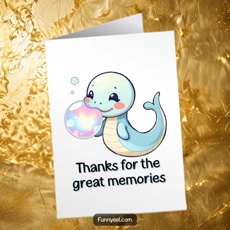 Free Printable Thank You Card: A kawaii eel blowing a large iridescent bubble ring, representing immense gratitude.