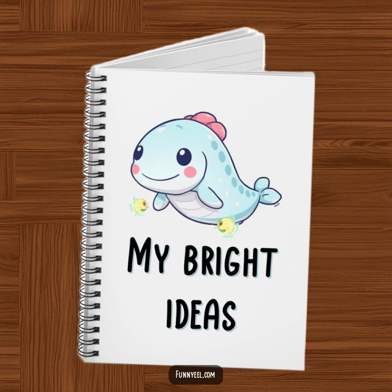Funny Kawaii Eel Notebook: Features an eel energetically chasing a glowing plankton with swirling lines, perfect for brainstorming.