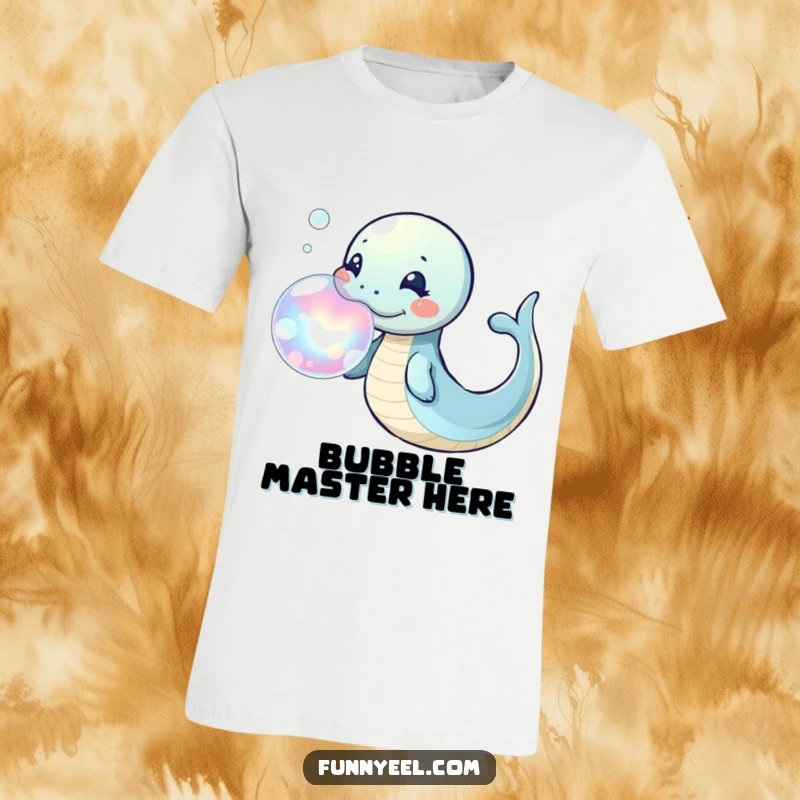 Funny Kawaii Eel T-Shirt showing a playful eel blowing a magnificent, iridescent bubble ring, a symbol of fun and creativity.