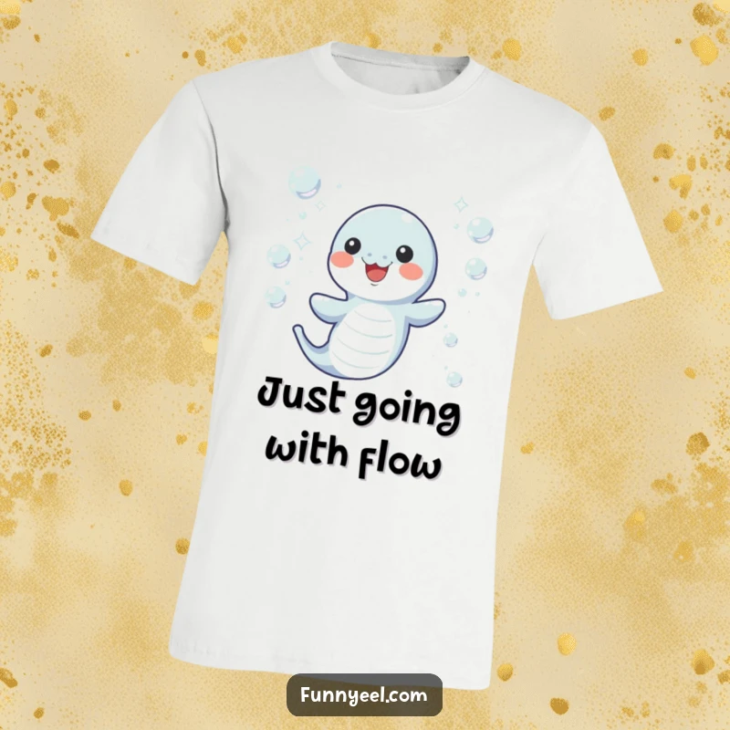 Funny Kawaii Eel T-Shirt featuring a happy eel joyfully swimming and wiggling through a sea of sparkling, effervescent underwater bubbles.
