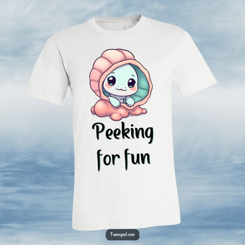 Funny Kawaii Eel T-Shirt showing a curious eel peeking playfully from behind a colorful seashell, inviting discovery and smiles.