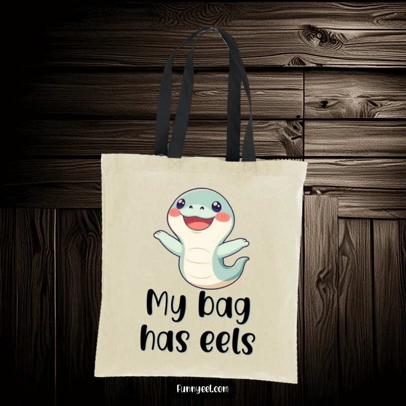 Funny Kawaii Eel Tote Bag: A delightful eel performs a comical flip with a massive, happy grin, perfect for carrying your humor everywhere.